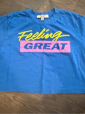 Junk Food Clothing Blue Crop Top with Yellow & Pink Graphic